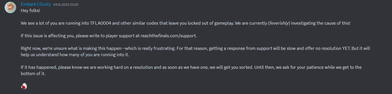 Ответ Discord The Finals по поводу ошибок